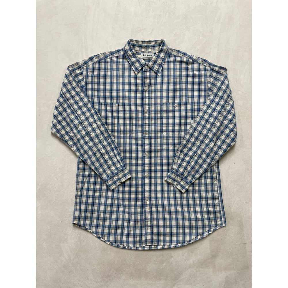 LL Bean Mens Large Regular Plaid Button Down Y2K Shirt Blue White Cotton OCD 83